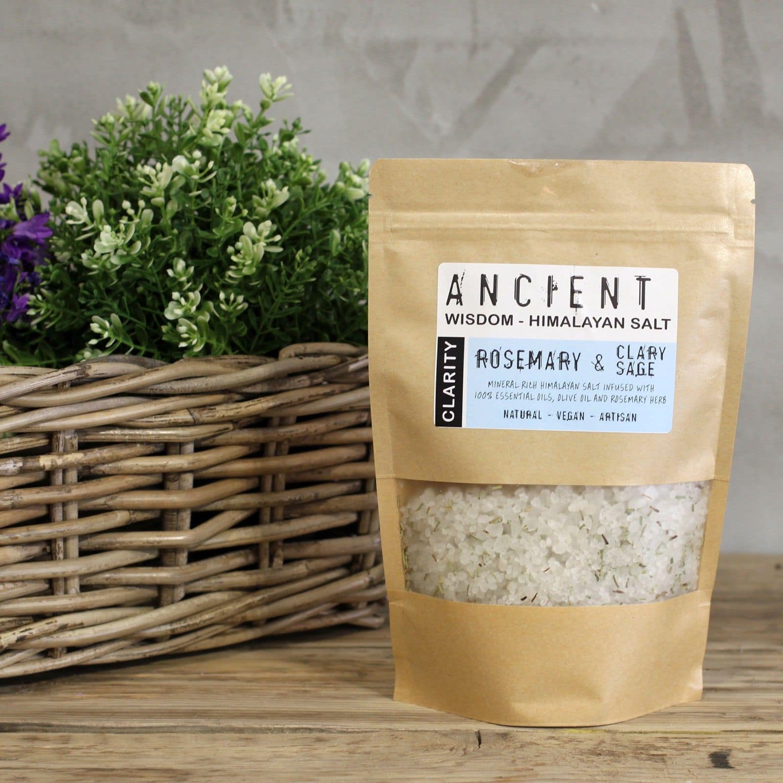 Himalayan Bath Salt Blend 500g - Clarity 2 Himalayan bath salt blend with rosemary and clary sage essential oils in a clear jar