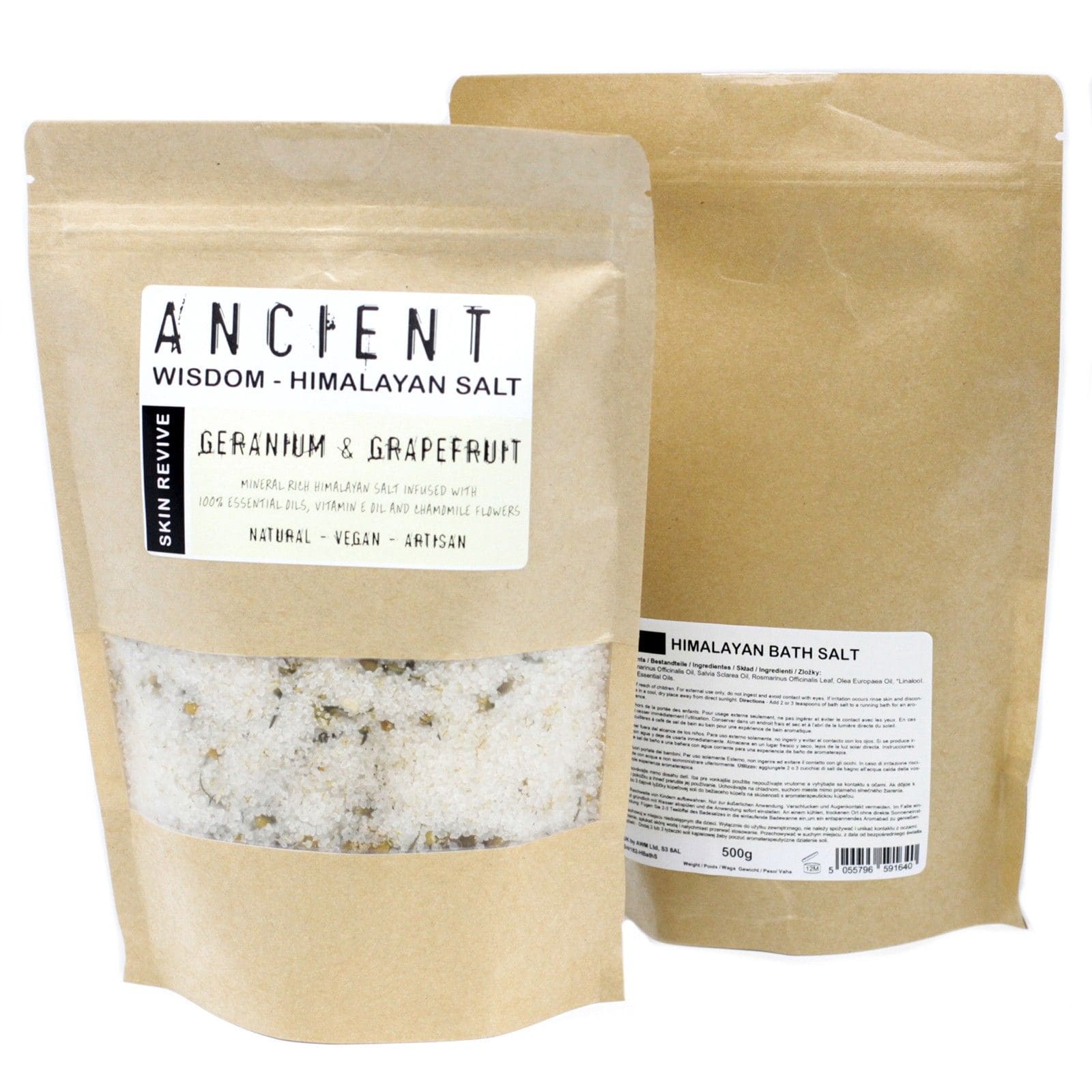 Himalayan Bath Salt Blend 500g - Skin Revive 1 Himalayan bath salt blend with essential oils and chamomile flowers in a jar