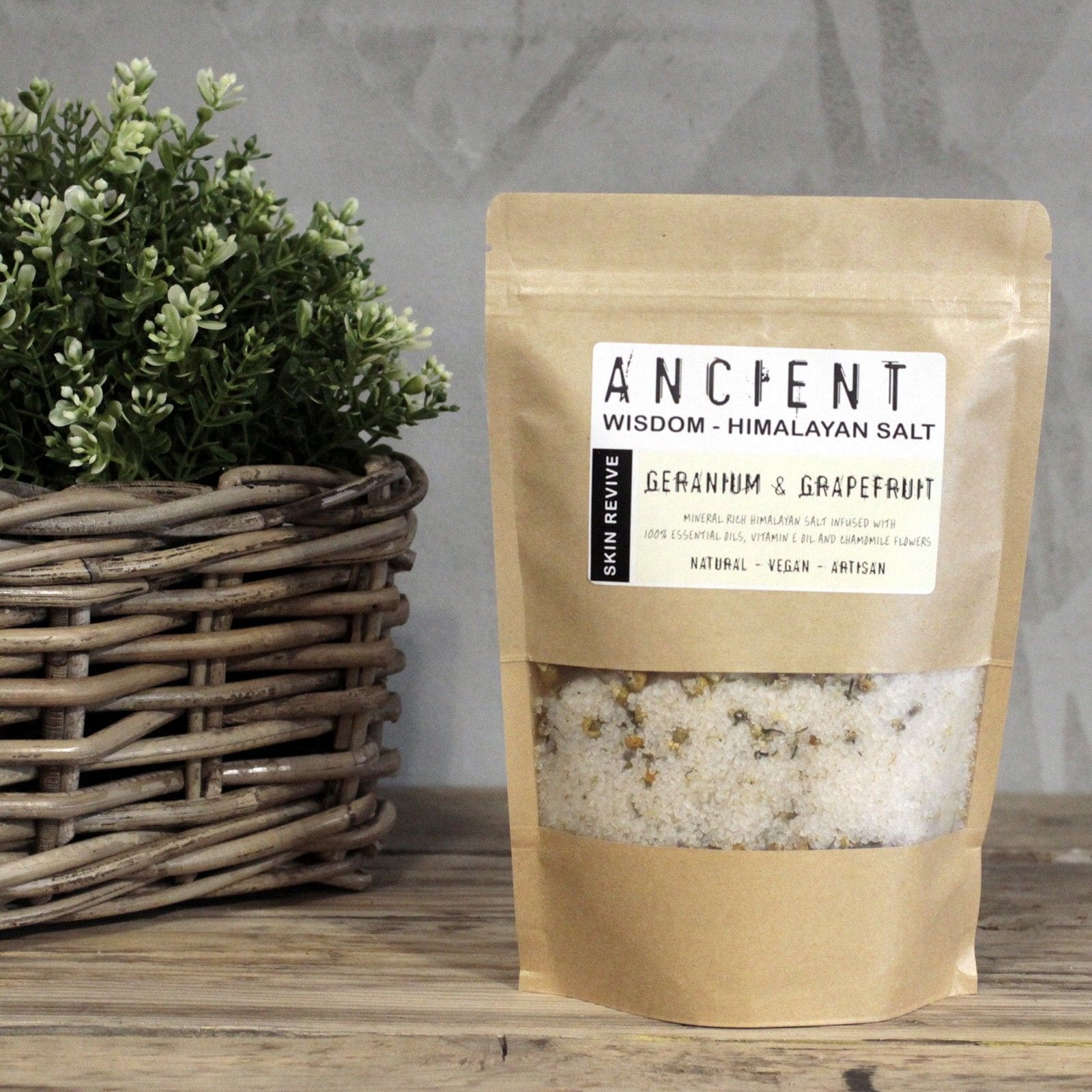 Himalayan Bath Salt Blend 500g - Skin Revive 2 Himalayan bath salt blend with essential oils and chamomile flowers in a jar.
