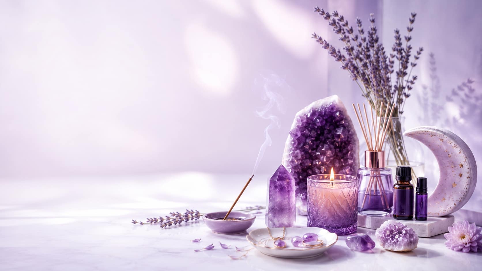Soul Inspirations | Inspired Gifts for Soulful Living 1 Amethyst crystals, a lit candle, burning incense, and essential oils arranged on a marble surface