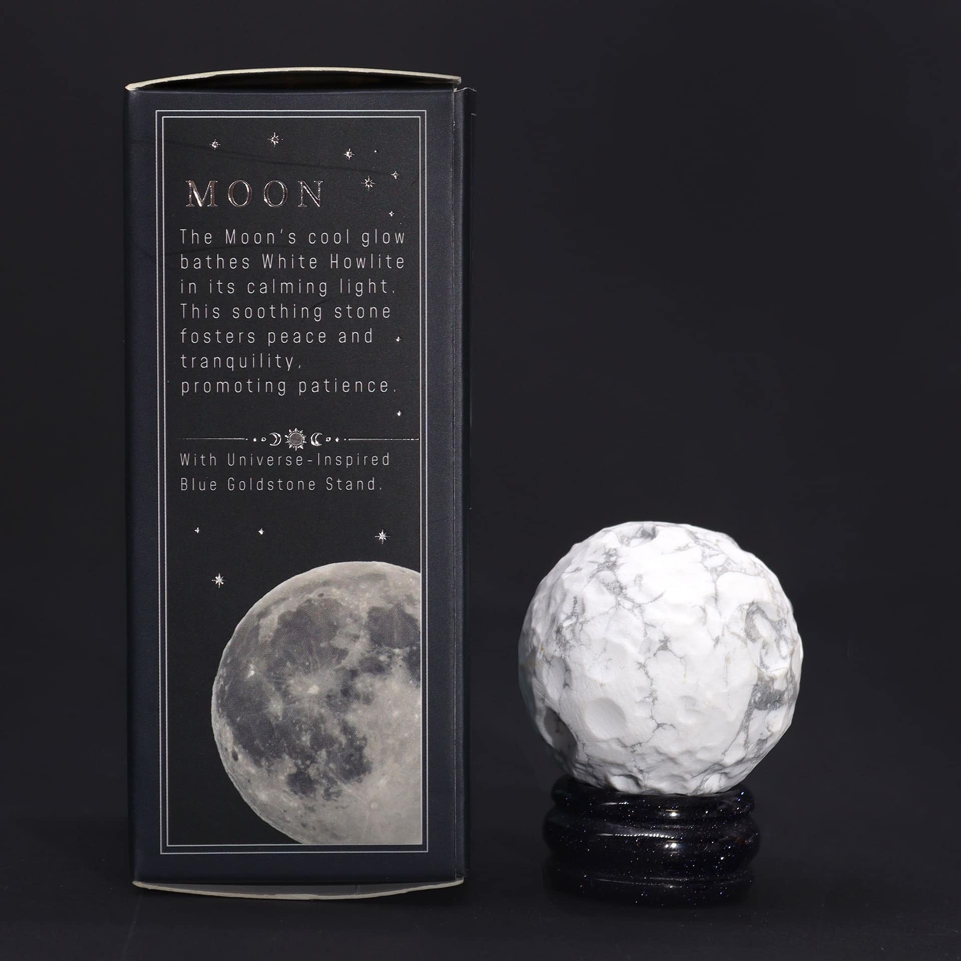 White Howlite Planet on a Sola Goldstone Stand (MOON) 1 White Howlite planet on a Solar Goldstone stand, promoting peace and tranquility.