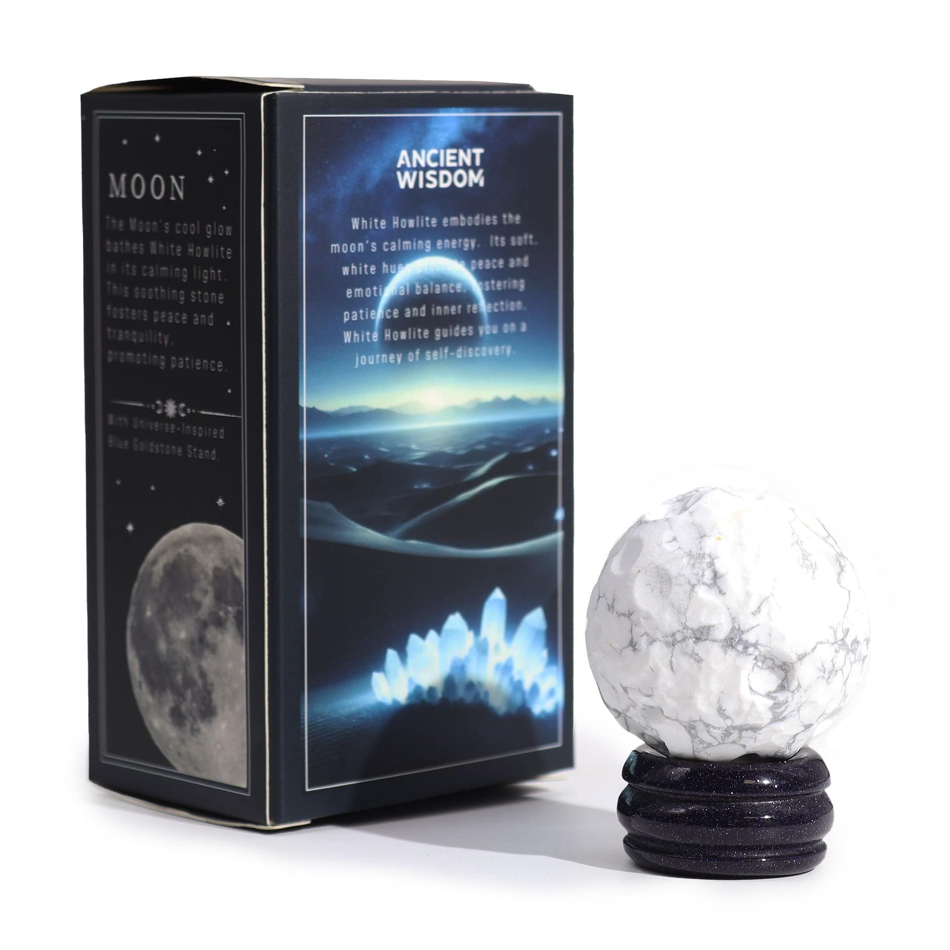 White Howlite Planet on a Sola Goldstone Stand (MOON) 2 White Howlite planet on a Solar Goldstone stand, showcasing calming energy.