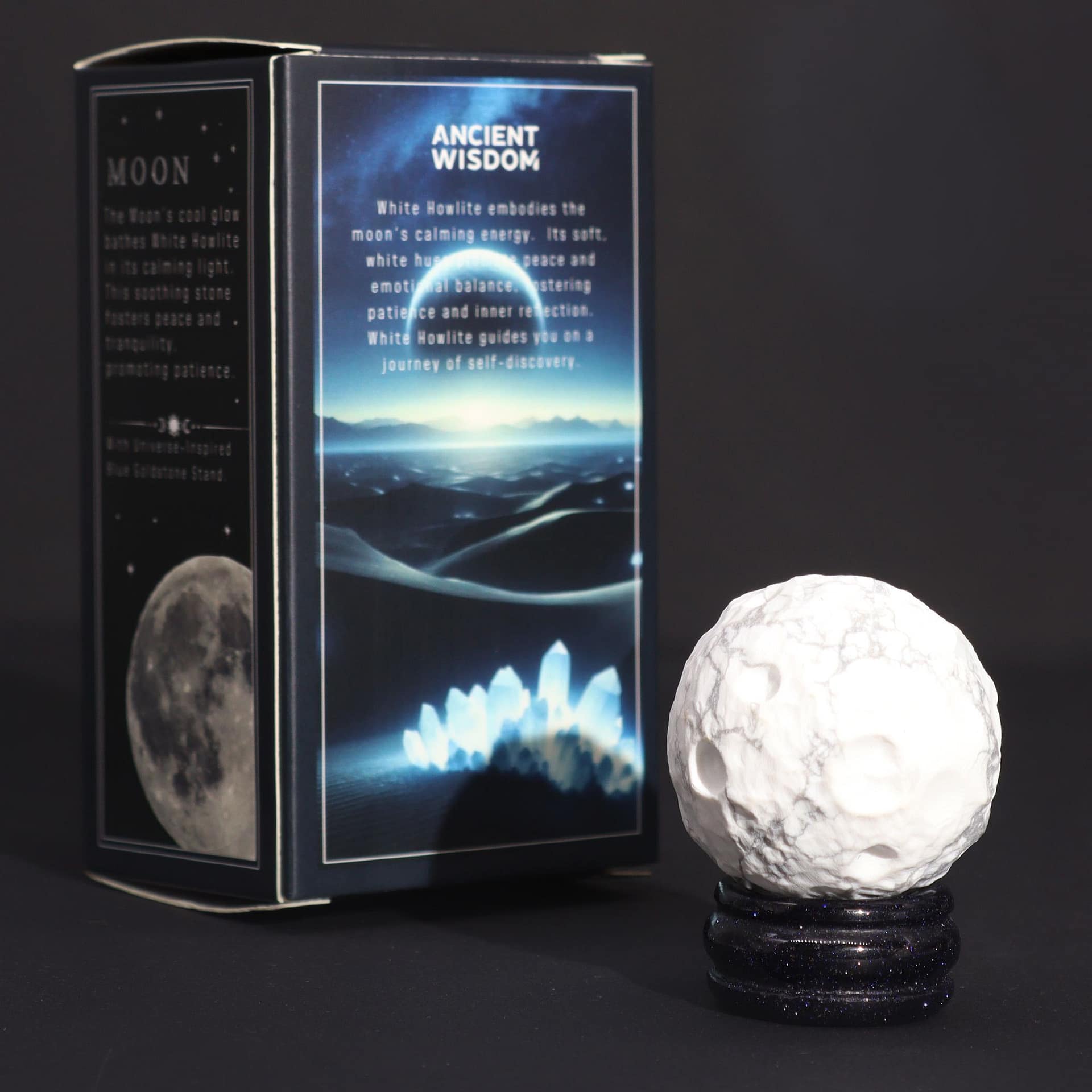 White Howlite Planet on a Sola Goldstone Stand (MOON) 5 White Howlite planet on a Solar Goldstone stand, showcasing calming energy.