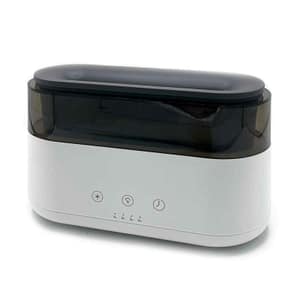 Modern aroma diffuser with a flame effect and LED clock feature.