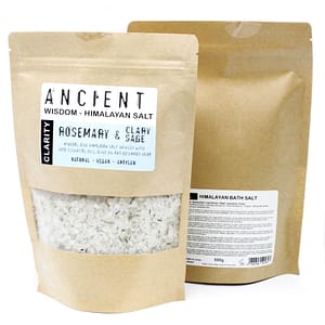 Himalayan bath salt blend with rosemary and clary sage essential oils in a jar