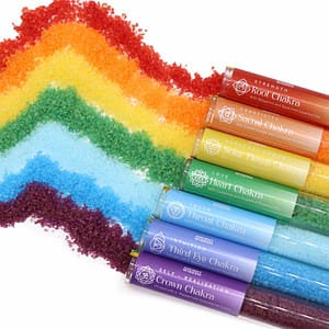 Gift pack of seven aromatherapy bath salts for chakra balancing.