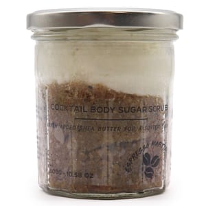 Espresso Martini fragranced sugar body scrub in a stylish jar.