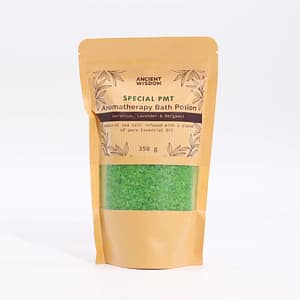 Aromatherapy Bath Potion in a kraft bag with essential oils and sea salt.