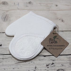 Natural loofah body scrub glove for gentle exfoliation and skin care.