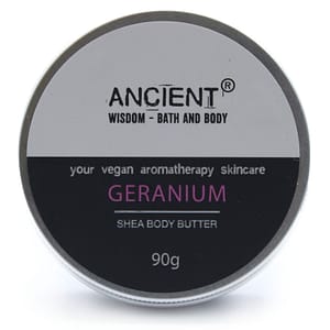 Geranium-scented shea body butter in a stylish container for nourishing skin.